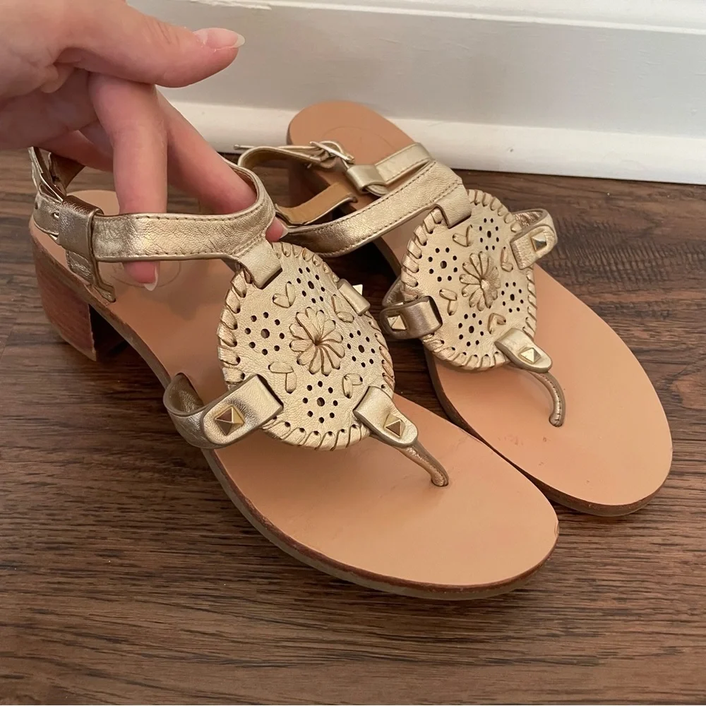 Jack Rogers Gretchen Block Heel Sandals Sz 7 Gold Leather